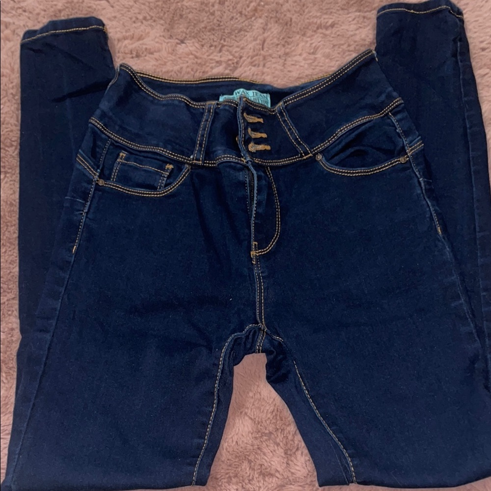 Dark Blue Denim Jeans with Contrast Stitching